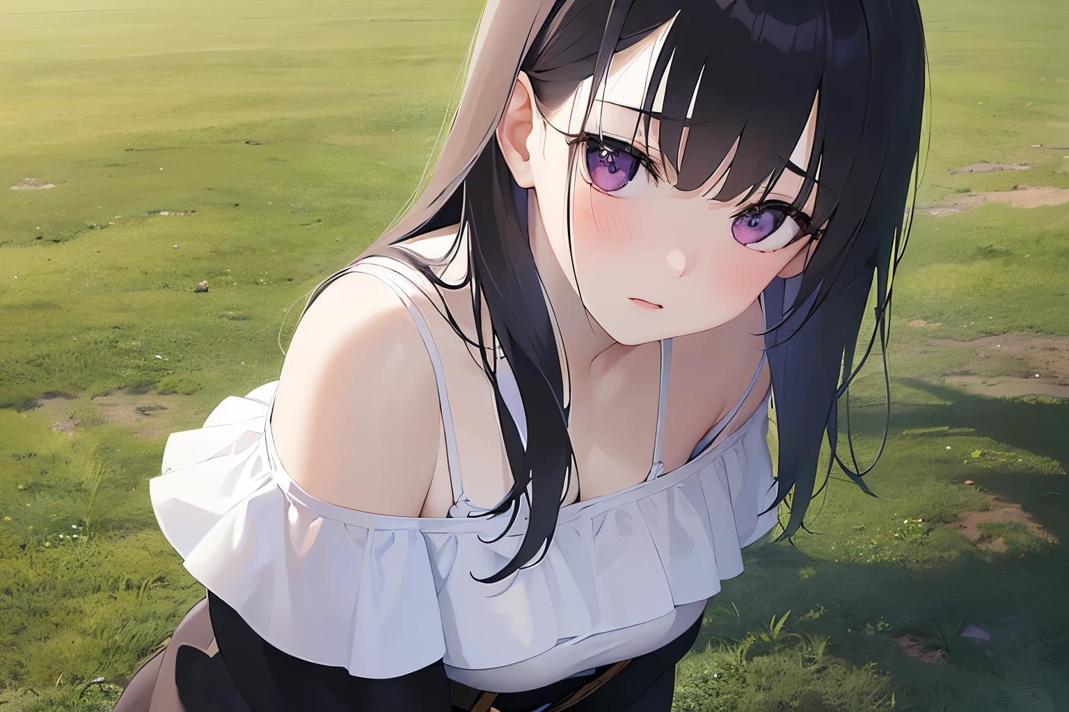 Shooting from above、leaning forward, looking up, upper body, Realistic, real person, (pale skin: 1.2), (RAW photo:1.5), photorealistic, shiny skin, shiny hair、(A 25-year-old woman with straight hair and bangs) and (medium hair) and (black hair) and (purple eyes), (white:1.5) and (off shoulder blouse:1.2), (embarrassed, blush:1.2), The background is a park、alone、Are standing