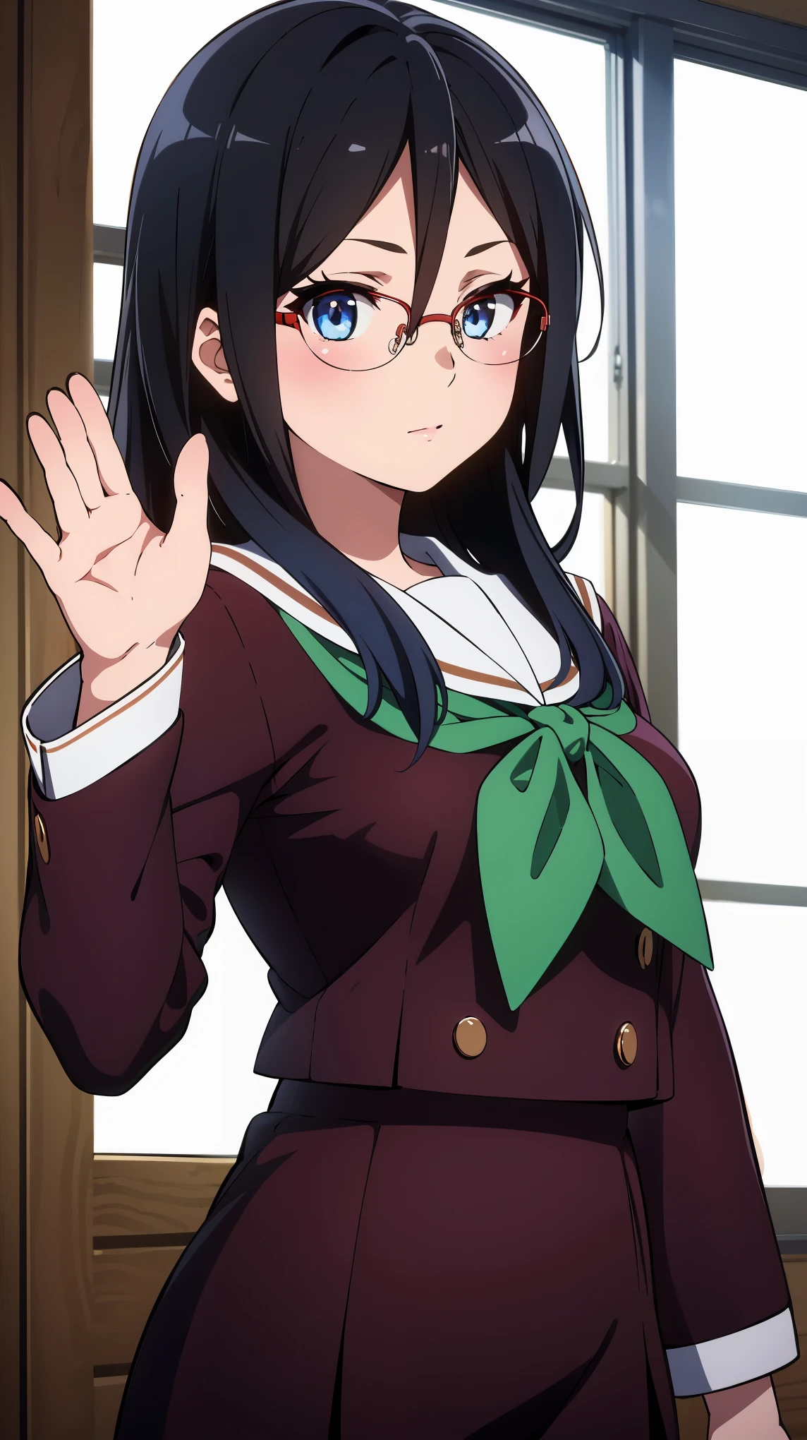 ((best quality)),((highly detailed)),masterpiece,absurdres,detailed face,beautiful face,(detailed eyes, deep eyes),1girl,((dynamic pose)),   Asuka, kitauji high , solo, green neckerchief, glasses, black hair, , long hair, blue eyes, neckerchief, red-framed eyewear, serafuku, looking at viewer, blush, over-rim eyewear, window, sailor collar, semi-rimless eyewear, cowboy shot, brown shirt, hair between eyes, expressionless, indoors