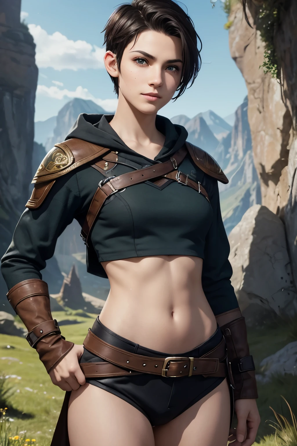 A happy young woman with an undercut in a fantasy setting. An adventurer and a ranger. Very androgynous looking. In a good mood. Sympathic. Tomboyish. Androgynous. Slim body. Very . Very small breasts. Wide hips. Thick legs. Face: Extremly pale skin with liverspots and freckles. Soft narrow face with a round chin. Soft small jaw. Big forehead. Very thin barely visible eyebrows. Upturned big dark-brown eyes. Dark-brown eyecolour. Very long and wide nose. Big curved lips. Very short dark-brown hair. A boyish short haircut. Undercut. Sides shaved. A tight black fantasy outfit of a lonley adventurer and ranger. Background: green meadow and a blue sky. 