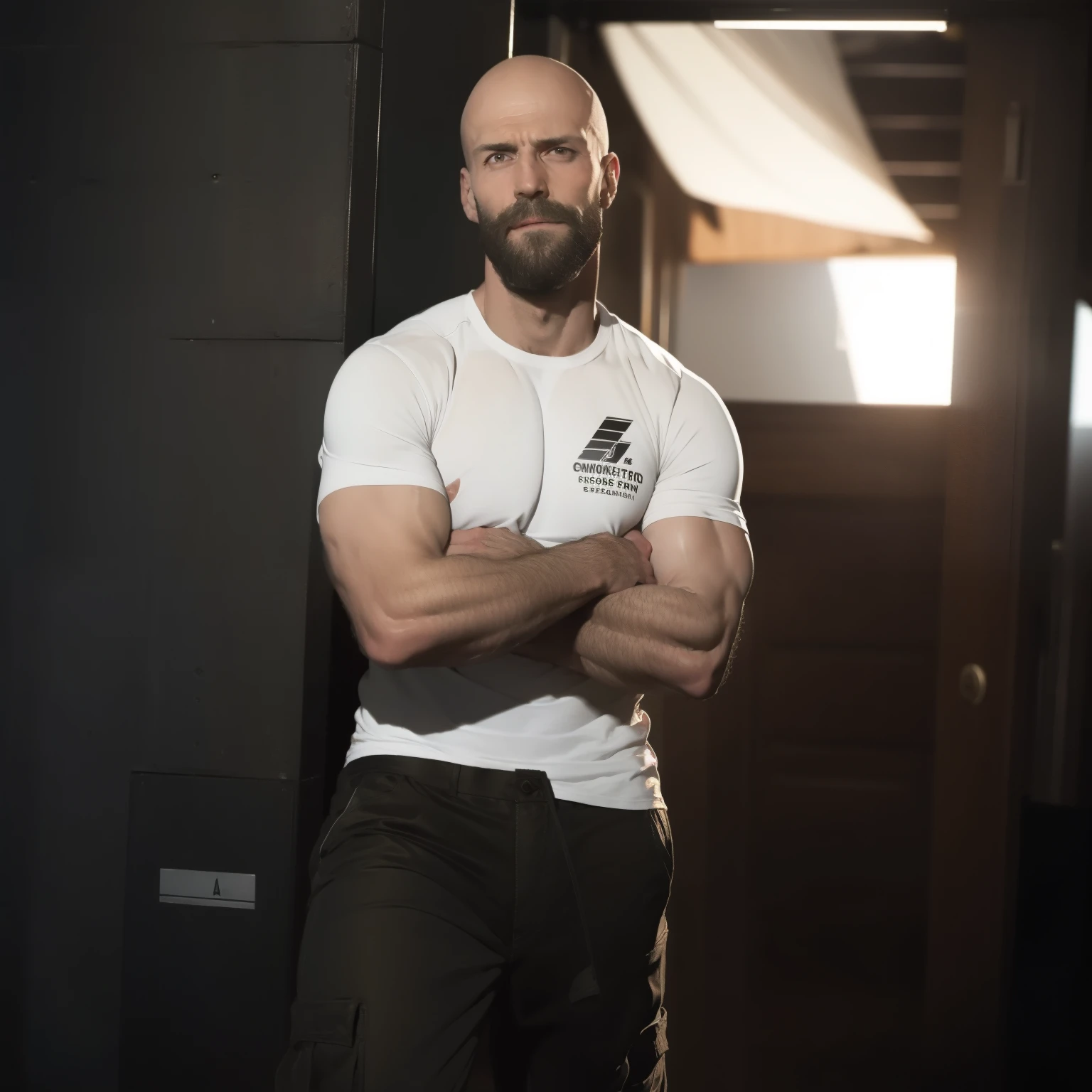 tall bald handsome man with beard, daddy, dark tattoos, lean fit body, soccer shirt, 30yo, dynamic lighting, lean body, loose cargo plants pants, character sheet, full body shot, white clothes