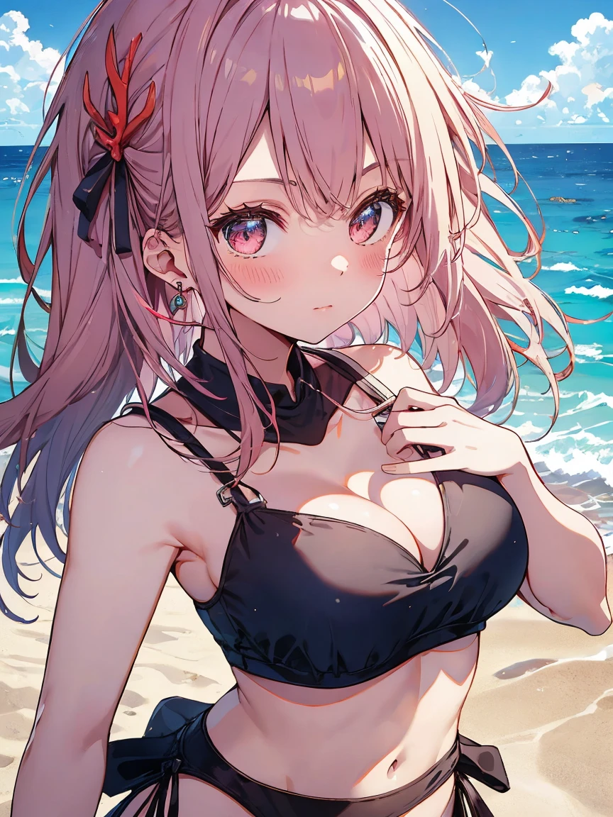 pretty girl in bikini standing by beach with ocean behind her, pink hair, 1girl, breasts, solo, swimsuit, bikini, cleavage, long hair, looking at viewer, jewelry, side-tie bikini bottom, navel, earrings, outdoors, beach, hair ornament, bare shoulders, blush, closed mouth, (best quality: 1.5), (top quality: 1.2, ultra quality:1.5)