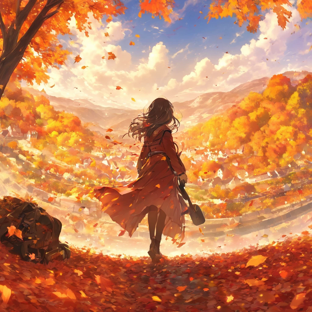 masterpiece, Concept Art, Panorama, At the center, figure, Wide Shot, Dynamic Lighting, Bright colors, autumn leaves,1 girl,