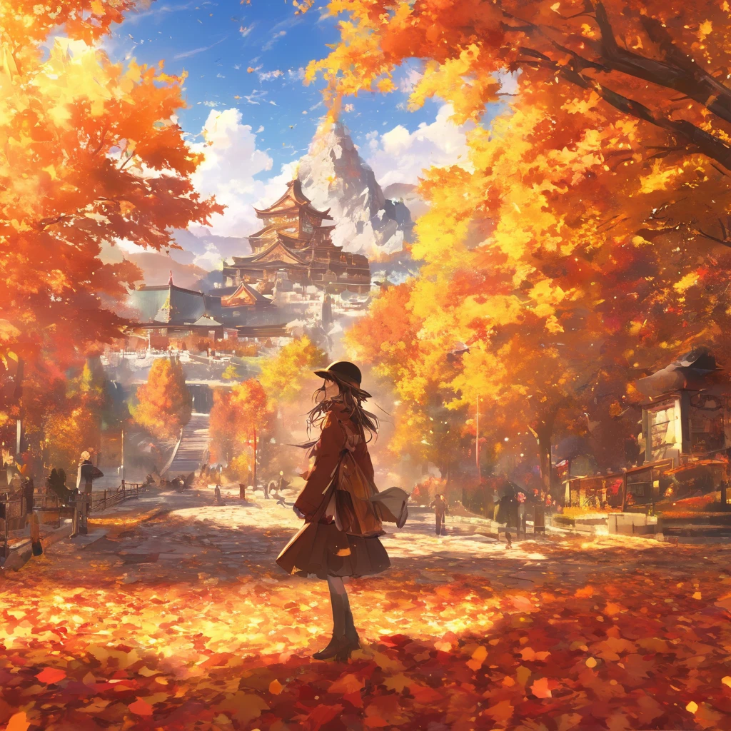 masterpiece, Concept Art, Panorama, At the center, figure, Wide Shot, Dynamic Lighting, Bright colors, autumn leaves,1 girl,