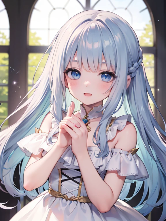 (8k, highest quality, Tabletop:1.2)、Ultra-high resolution, 5 year old girl, Perfect Fingers, Detailed face, blue eyes, Silver Hair, Braid, Long Hair, White ruffle dress, Inside the castle, Dance