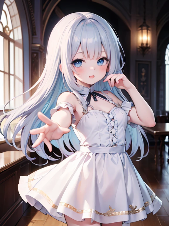 (8k, highest quality, Tabletop:1.2)、Ultra-high resolution, 5 year old girl, Perfect Fingers, Detailed face, blue eyes, Silver Hair, Braid, Long Hair, White ruffle dress, Inside the castle, Dance