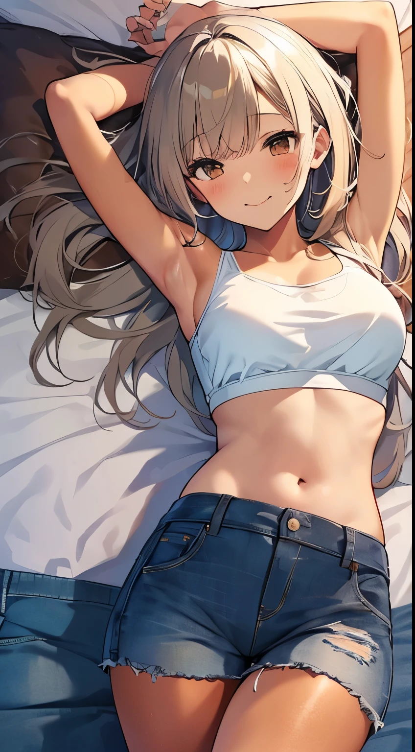 highest quality、Elementary school student bra、Beige shorts、Cute appearance、Stretch your legs in the room、Armpit sweat、Grass、Ecstasy face,(Attractive person), (girl1name), (Highly detailed face, smile) ,, (日本のgirl), Slightly round face, (Tan brown face:1.6), cute, Big eyes、2D,highest quality,(masterpiece),(((whole bodyが映る))),(((whole body))),(extra long hair:1.6),(bangs:1.3),((White hair)),Healthy brown skin,((Short denim hot pants)),Leather Belt,Pink-Tank Top,Shining bare feet,barefoot,Beautiful brown eyes,Attractive thighs,Sloppy body type,Bedroom,get drunk,Upward glance,cheeks are bright red,あざとcute,Sleeping face like an angel,Erotic look,whole bodyに汗の大きな滴,humid,Waistline、My Room、(Sleeping on your stomach:1.1),(Angle shot from directly above:1.2),Poses that accentuate the buttocks,Angle to emphasize the buttocks,Sole