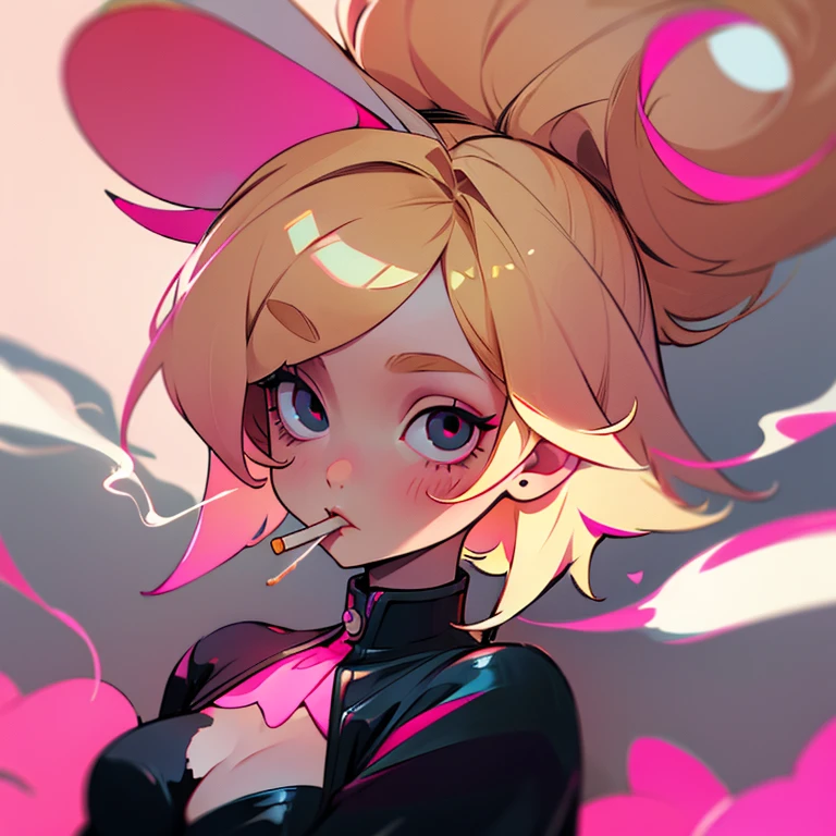 Blonde hair and pink inner color, bunny ears, cigarette, girl, black eyes