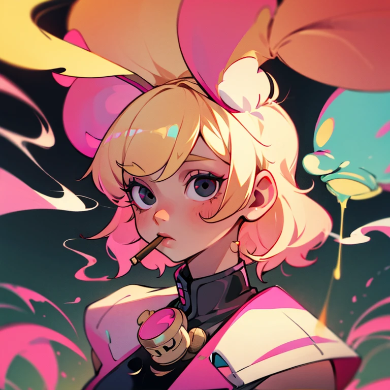 Blonde hair and pink inner color, bunny ears, cigarette, girl, black eyes