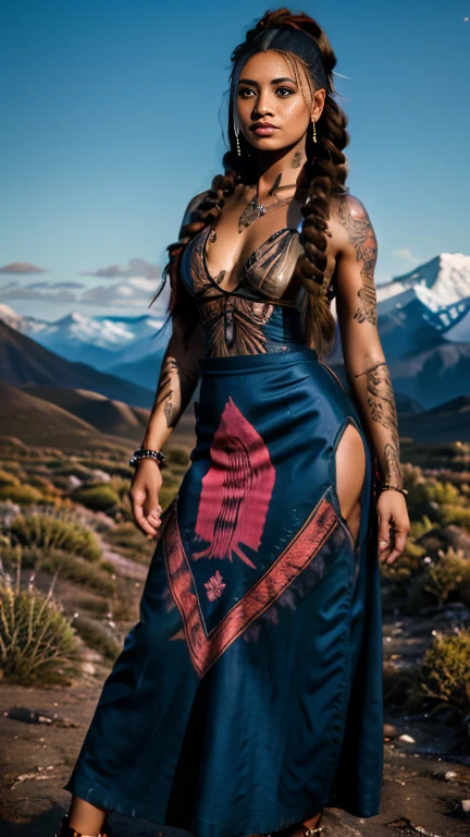 A high resolution ultra detailed realistic photo with a Native American woman, Native American woman with long legs and curvy figure, hairstyle wild braids, clothing is a mix of cyberpunk and  Native American style, Native American woman with full body pose dancing and looking towards the Camera, the clothes swing in the air, the background of the picture is at night in the steppe with mountains in the background, Clothing Maxi dress, Clothing maxi skirt, Clothing long maxi dress, large Native American tattoos