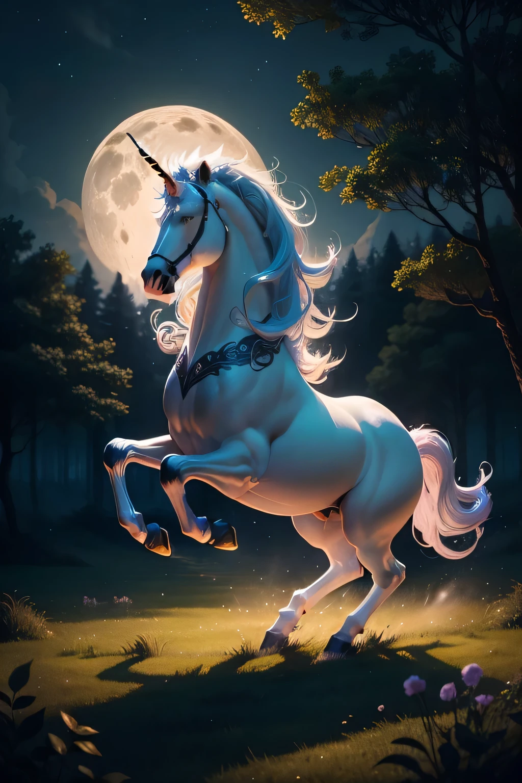 Mythical unicorn galloping across moonlit meadows, sparkling mane, elegant horn with intricate carvings, photorealistic fur, cinematic quality, surrounded by fireflies, fluid movement, gleaming hooves, dreamlike ambiance, fantasy forest in the background