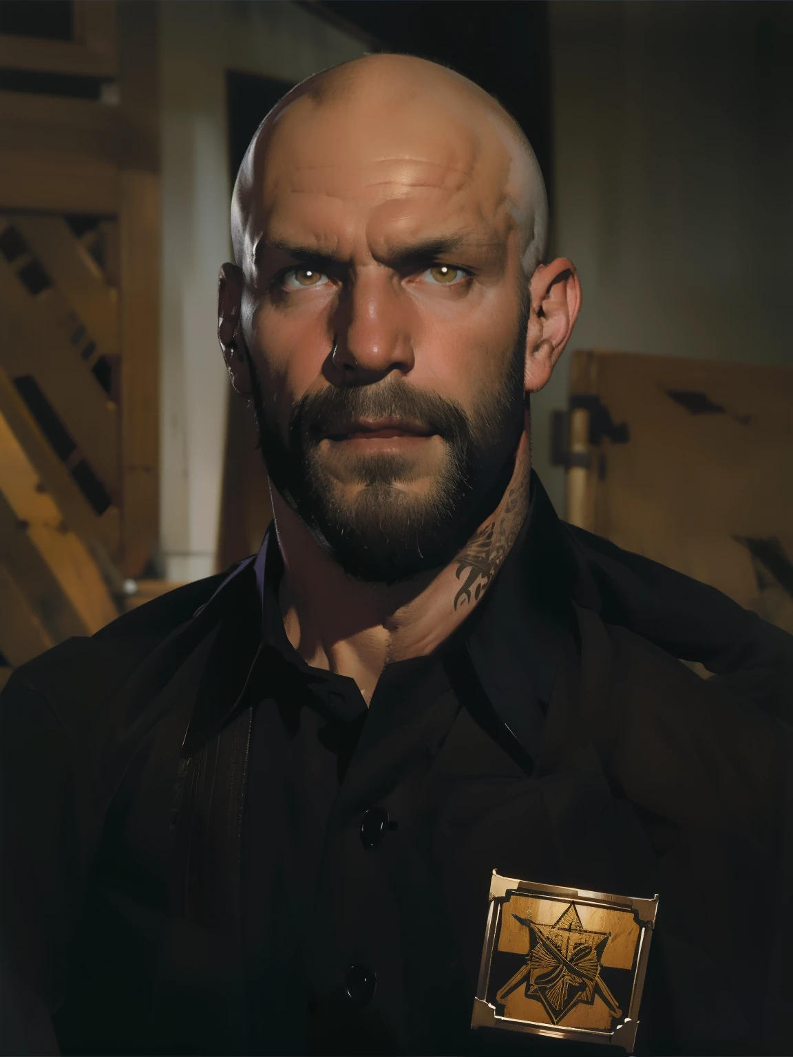 tall bald handsome man with beard, daddy, tattoos, lean fit body, black shirt, 30yo, dynamic lighting, lean body, black button up shirt, black belt, silver emblem on shirt, character sheet, half body shot, brown amber eyes, detective emblem