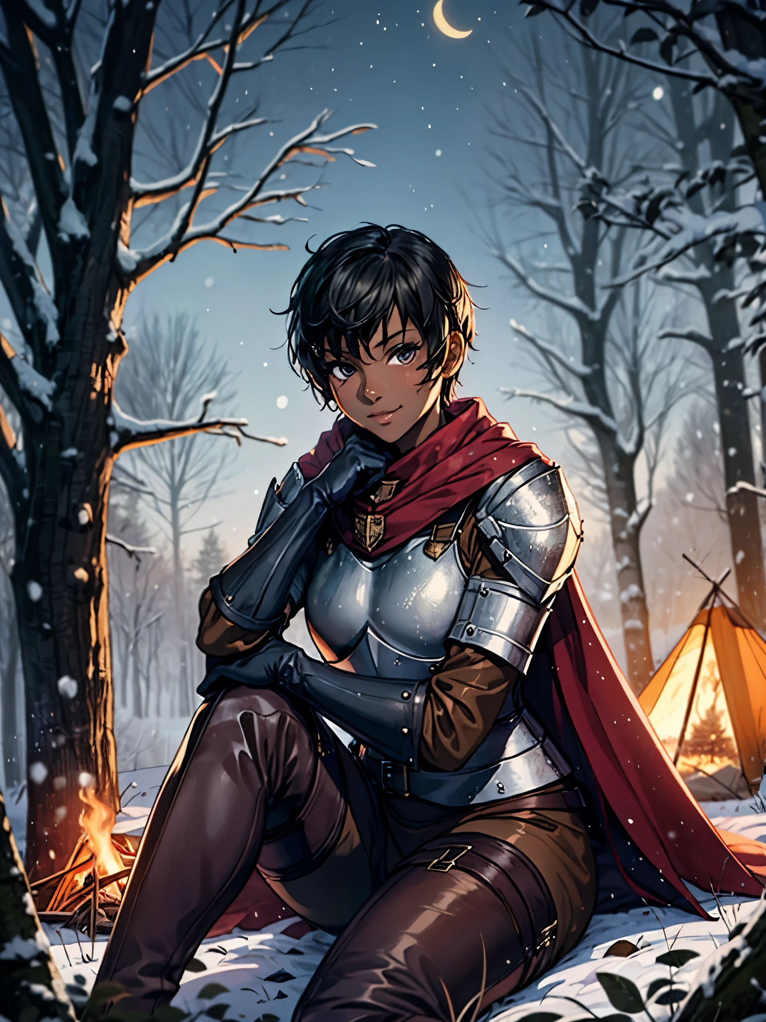 1girl, casca \(berserk\), breastplate, brown gloves, thigh boots, shoulder armor, cape, pelvis curtain,dark skin, winter, bare tree, tree stump, big campfire, sitting, night, night sky, tent, 
masterpiece, best quality, semi-realistic, artgem, digital art,  watching viewer, ,smirk, seductive smile, inviting pose, sultry look
