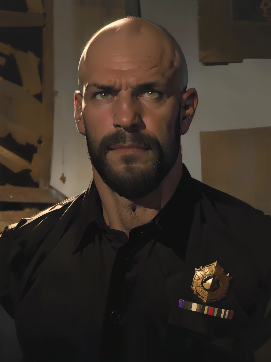 tall bald handsome man with beard, daddy, tattoos, lean fit body, black shirt, 30yo, dynamic lighting, lean body, black button up shirt, black belt, silver emblem on shirt, character sheet, half body shot, brown amber eyes, detective emblem