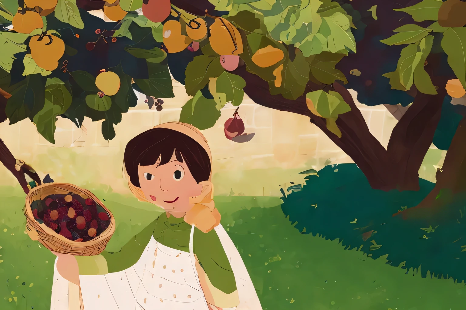 Mulberry picking scene，Q version illustration