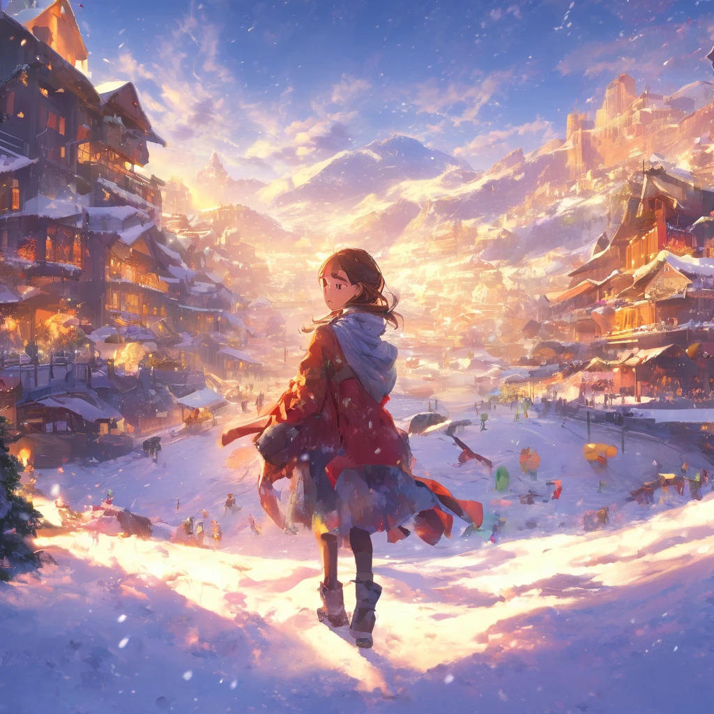 masterpiece, Concept Art, Panorama, At the center, figure, Wide Shot, Dynamic Lighting, Bright colors, snow,1 girl,