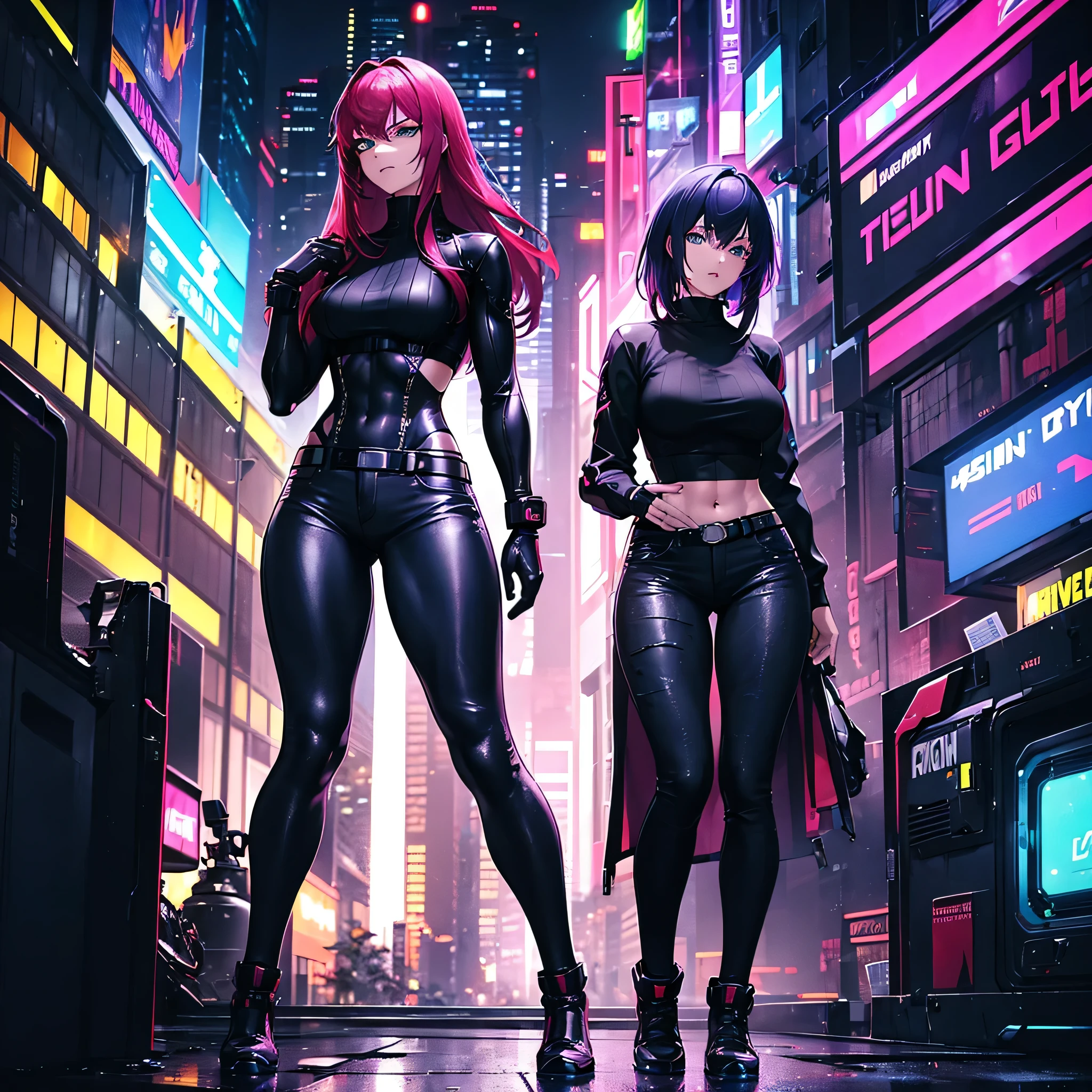 (Two woman) Futuristic, cyberpunk, neon lights, Mature, long hair, redhead woman with green eyes, sexy, defined abs, tight black sweater, tight jeans. Another woman, short purple hair, gray eyes, tan skin, tight clothing