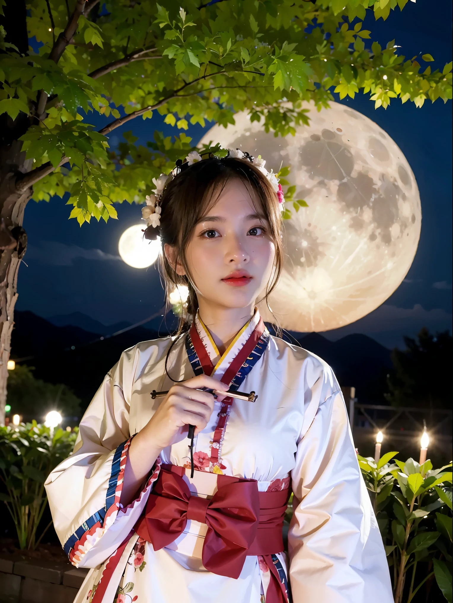 best quality, high_resolution, distinct_image, detailed background ,girl, hanbok,flower,garden,moon, night,dutch angle, wide shot, crown, 