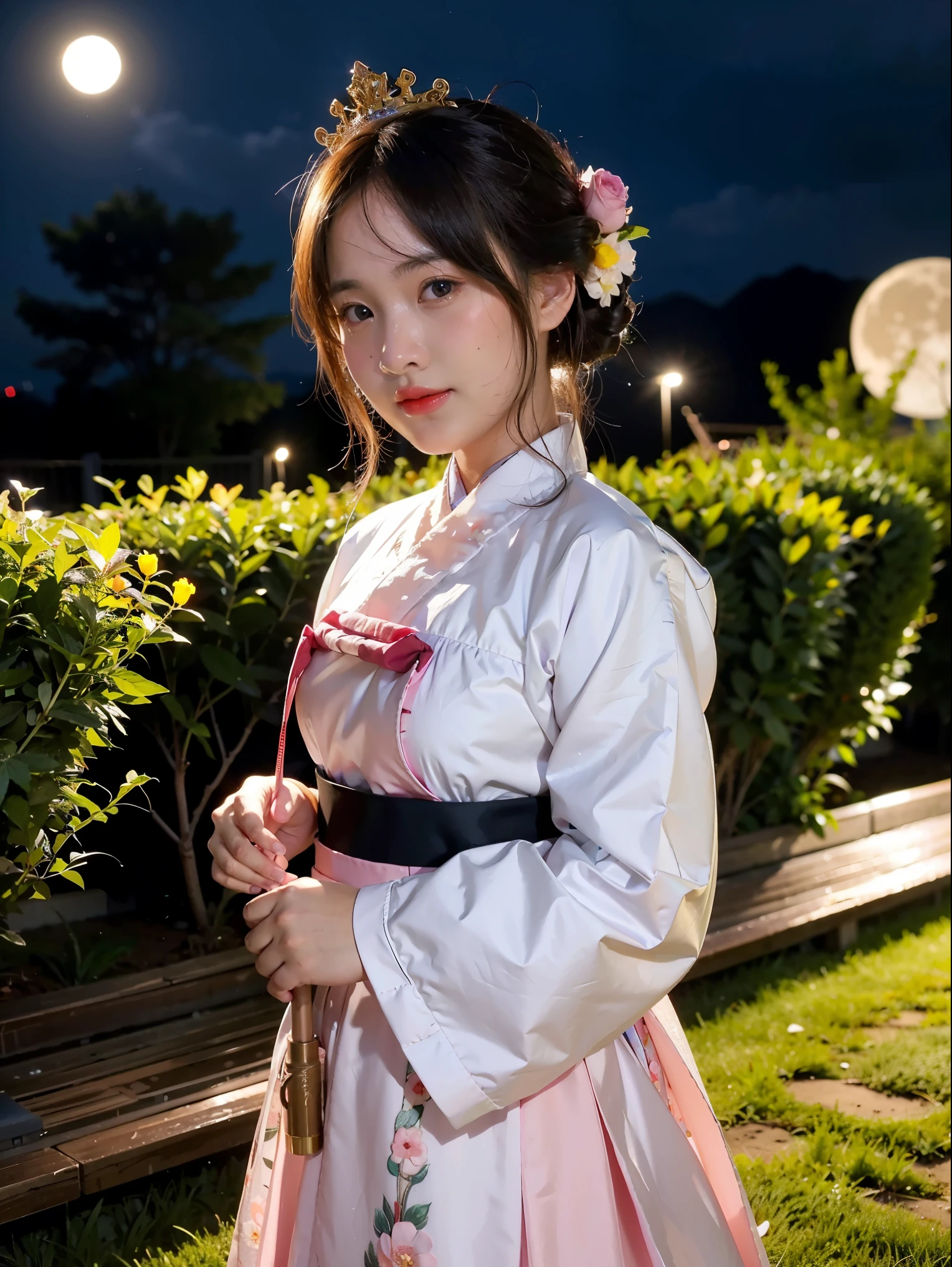 best quality, high_resolution, distinct_image, detailed background ,girl, hanbok,flower,garden,moon, night,dutch angle, wide shot, crown,