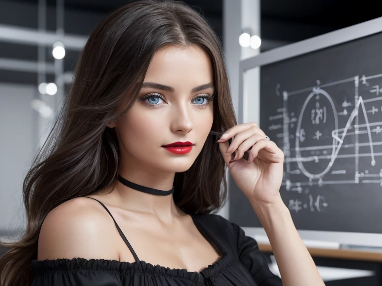((best quality, extremely detailed:1.8, hyperréaliste:1.5, photorealistic:1.5, grande profondeur de champ, vue de face)), ((femme debout habillée en blanc, she has a serious pose)),((Dans une salle de conférence une physicienne donne un cours, elle est devant un immense tableau noir où sont écrits beaucoup d'équations mathématiques et beaucoup de schémas scientifiques, corps entier, le tableau recouvre tout le mur, chalk writing)), general relativity equations, quantum mechanics riding, schrodinger equation:1.6, diagram of a black hole:1.1, ((detailed woman face looking at camera, yeux bleus, Red lips)), correct deformed fingers, (photorealistic), sharp eyes, (elle porte une longue blouse blanche de chimiste décolletée), poitrine push-up, very thin waist, jambes longues, longues jambes, fine and detailed hands, detailed hairstyle, very long hair