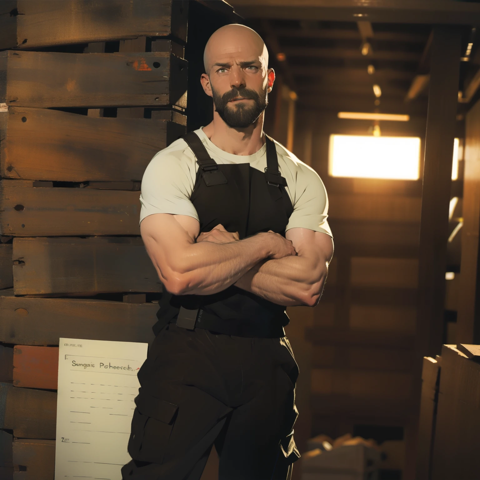 tall bald handsome man with beard, daddy, dark tattoos, lean fit body, soccer shirt, 30yo, dynamic lighting, lean body, loose cargo plants pants, character sheet, full body shot