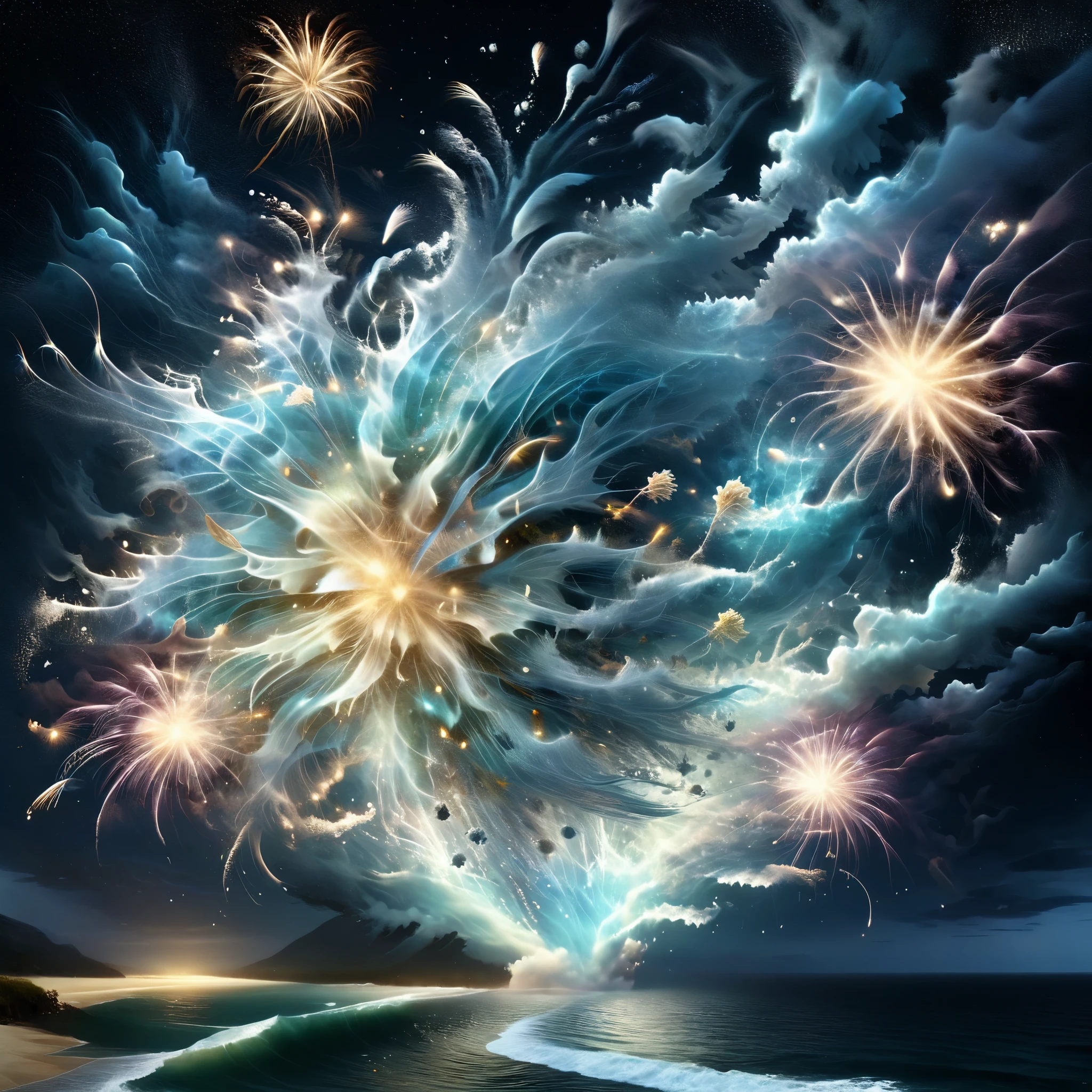 Blend fantasy and reality as 3D fireworks merge with ethereal fractal creatures, symbolizing the sea, their transcendent tide washing over the senses, transporting the viewer to a realm where the boundaries of reality are fluid and ever-changing.