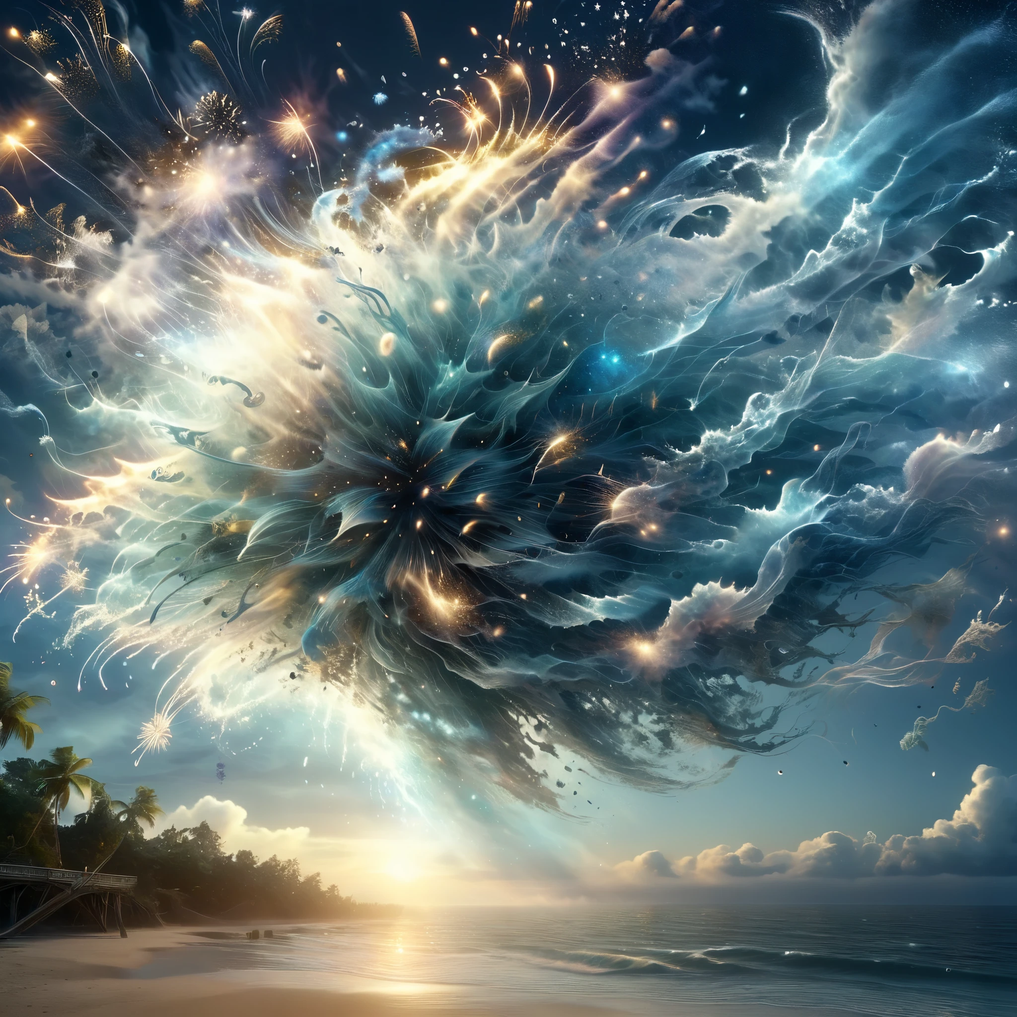Blend fantasy and reality as 3D fireworks merge with ethereal fractal creatures, symbolizing the sea, their transcendent tide washing over the senses, transporting the viewer to a realm where the boundaries of reality are fluid and ever-changing.
