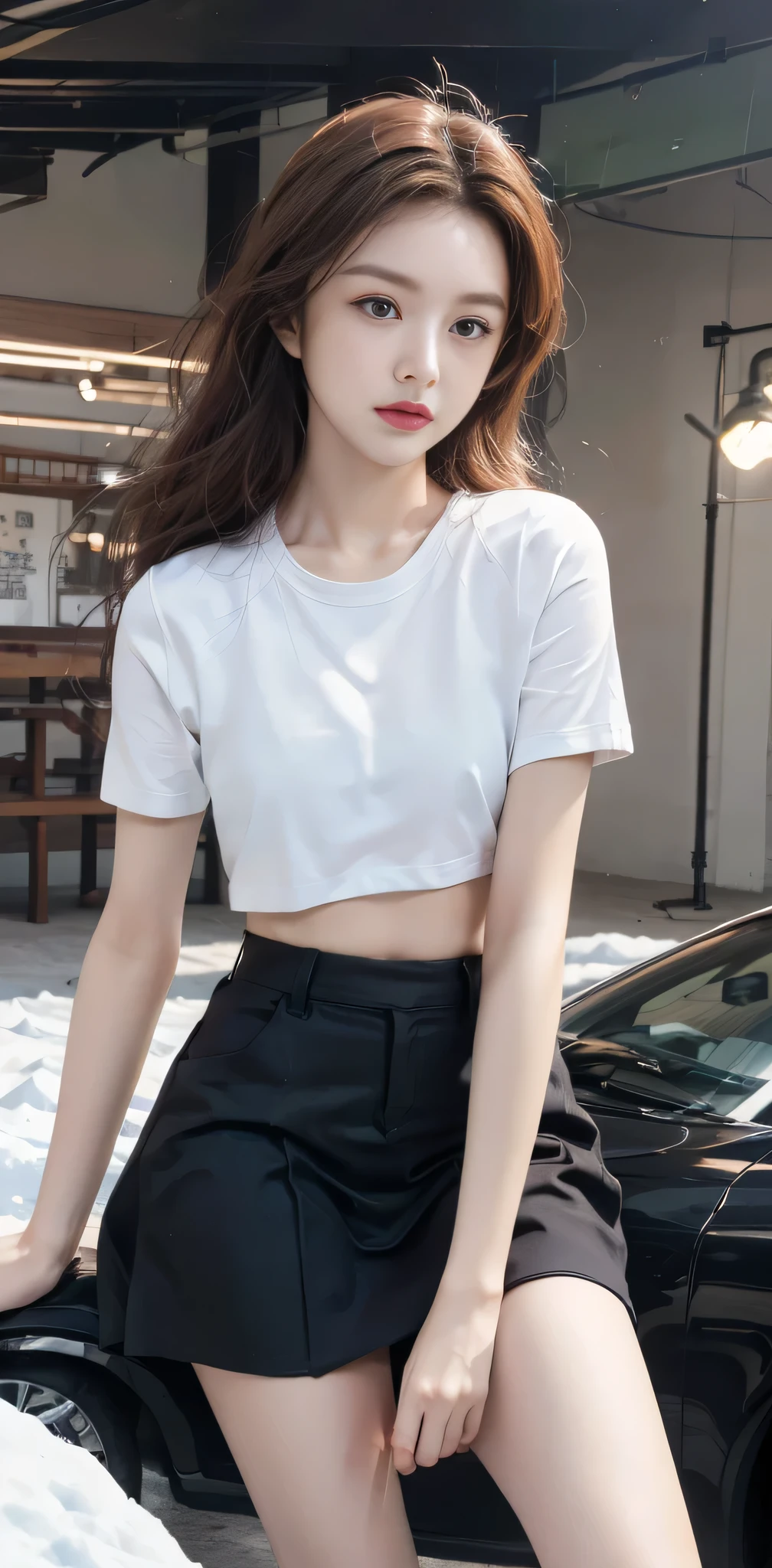 RAW photo, bokeh, (Lifelike face), smiled slightly, Top image quality, High resolution, best quality, 8k, HDR, (photorealistic:1.6), (1girl:1.4), Snow-whiteskin, slim body, brown and curly and messy hair, very detailed face, beautiful eyes, [chubby], adorable, full body portrait, Close-up, sharp outline, romantic, Korean stylish, fashion, uniform, crop top t-shirt, high waist skirt, (spread legs:1.27), delicate face, short brown hair fluttering in the wind, 22-year-old girl, slim figure, small bust, sexy, plump breasts, open chest, bra, charisma, glamorous, standing tall.