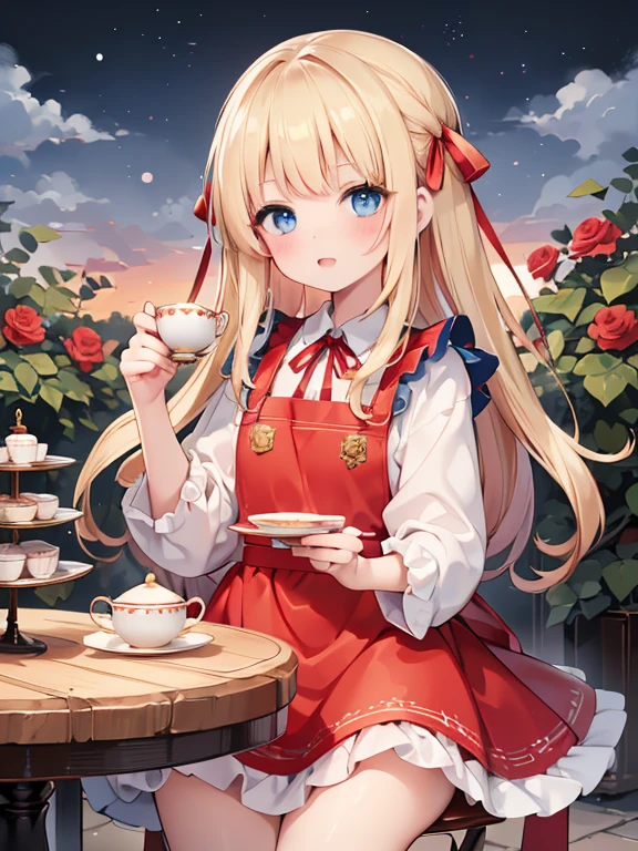 (8k, highest quality, Tabletop:1.2)、Ultra-high resolution、One -yeld gi Detailed face、blue eyes, Blonde, Red ribbon on head, Red dress, White apron, blue sky, garden, Red Rose, table cloth, Cake and tea set on the table, Stand by the table