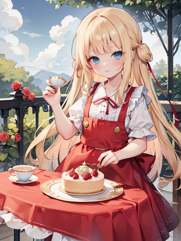 (8k, highest quality, Tabletop:1.2)、Ultra-high resolution、One ****************, Detailed face、blue eyes, Blonde, Red ribbon on head, Red dress, White apron, blue sky, garden, Red Rose, table cloth, Cake and tea set on the table, Stand by the table