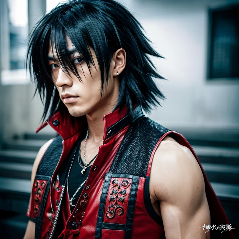 1 Japanese rocker, male, Asian eyes, muscular, broad shoulders, dragon, hairstyle in Visual Kei style, hair Visual Kei, outfit rocker,  ultra-detailed face and eyes, hyper-realistic, realistic representation, 30 years old, age 30 years, full body, black and blonde hair 
