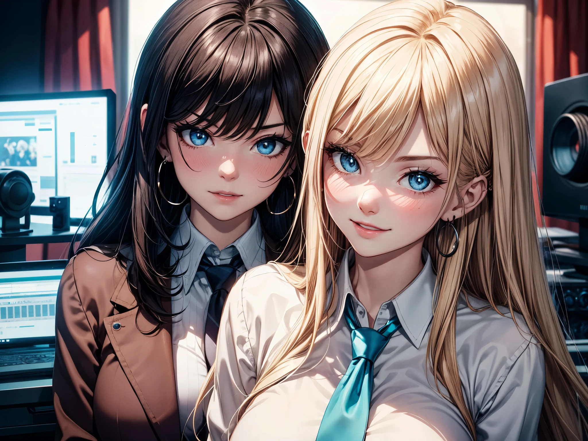 multiple girls,blue eyes,necktie,open mouth,black hair,earrings,jewelry,blonde hair,long hair,blue necktie,blush,shirt,brown hair,looking at viewer,white shirt,bangs,collared shirt,indoors,monitor,big screen,Studio,Studio,high resolution,Ultra Detailed, ,smirk, seductive smile, inviting pose, sultry look