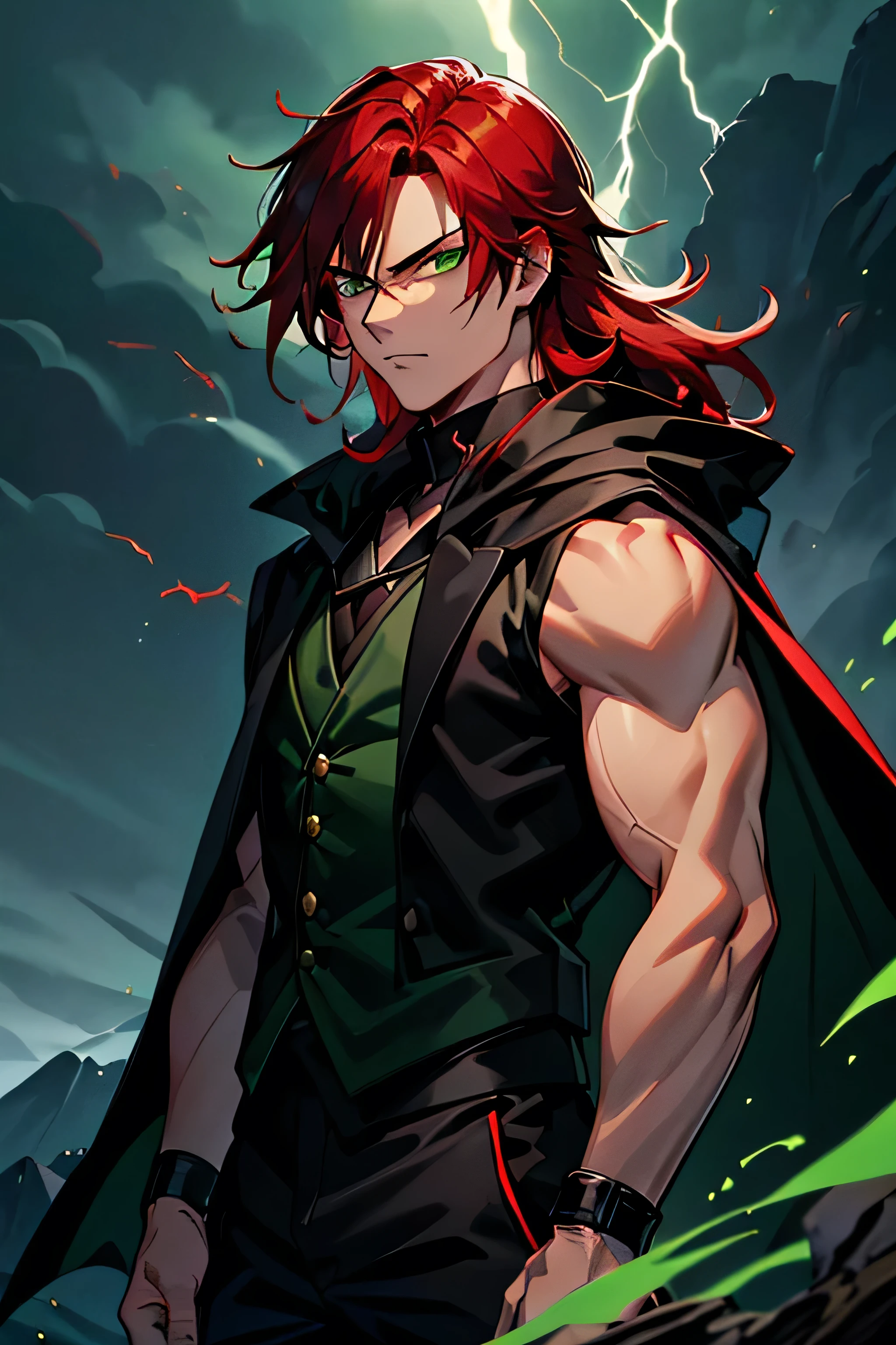 Male ninja, man, highly detailed, masterpiece, best quality, correct hands, long red hair, long hair, red hair, green eyes, bright green eyes, ((black pants, black and green cloak, black shirt, black vest, green accents)) smug look, mountain background, storm, lightning, stormy atmosphere, surrounded by lightning, green lightning, green static sparks, green