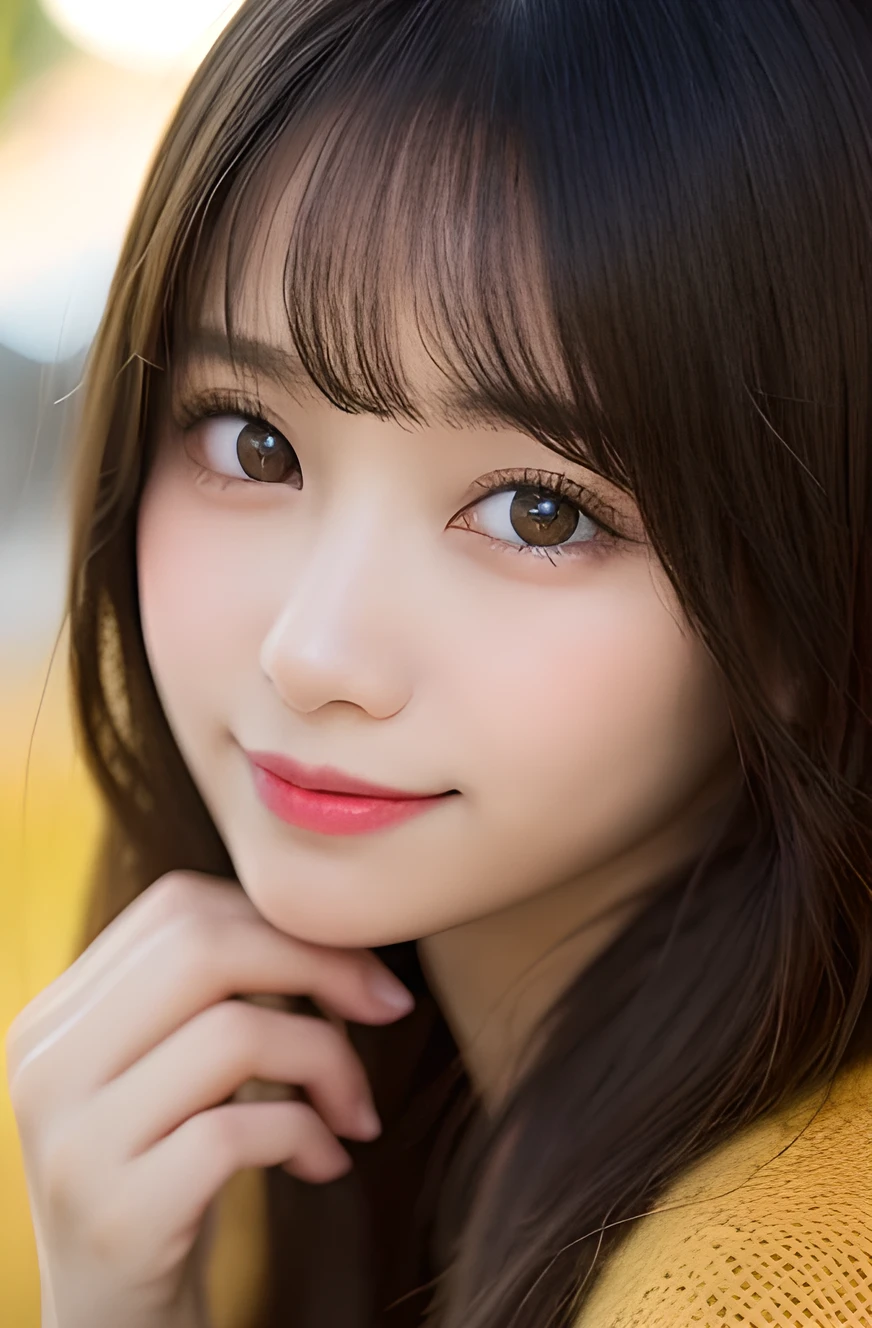 masutepiece, Best Quality, Illustration, Ultra-detailed, finely detail, hight resolution, 8K Wallpaper, 1 girl, japanese girl, 18 years old, Perfect dynamic composition, Beautiful detailed eyes, large round eyes, drooping eyes, Autumn Women's Fashion,waved hair,huge tit、Natural Color Lip, Bold sexy poses, faschinating Smile,Harajuku, gentle expression, Cute、Sexy shot looking at viewer, bokeh, shallow depth of field,