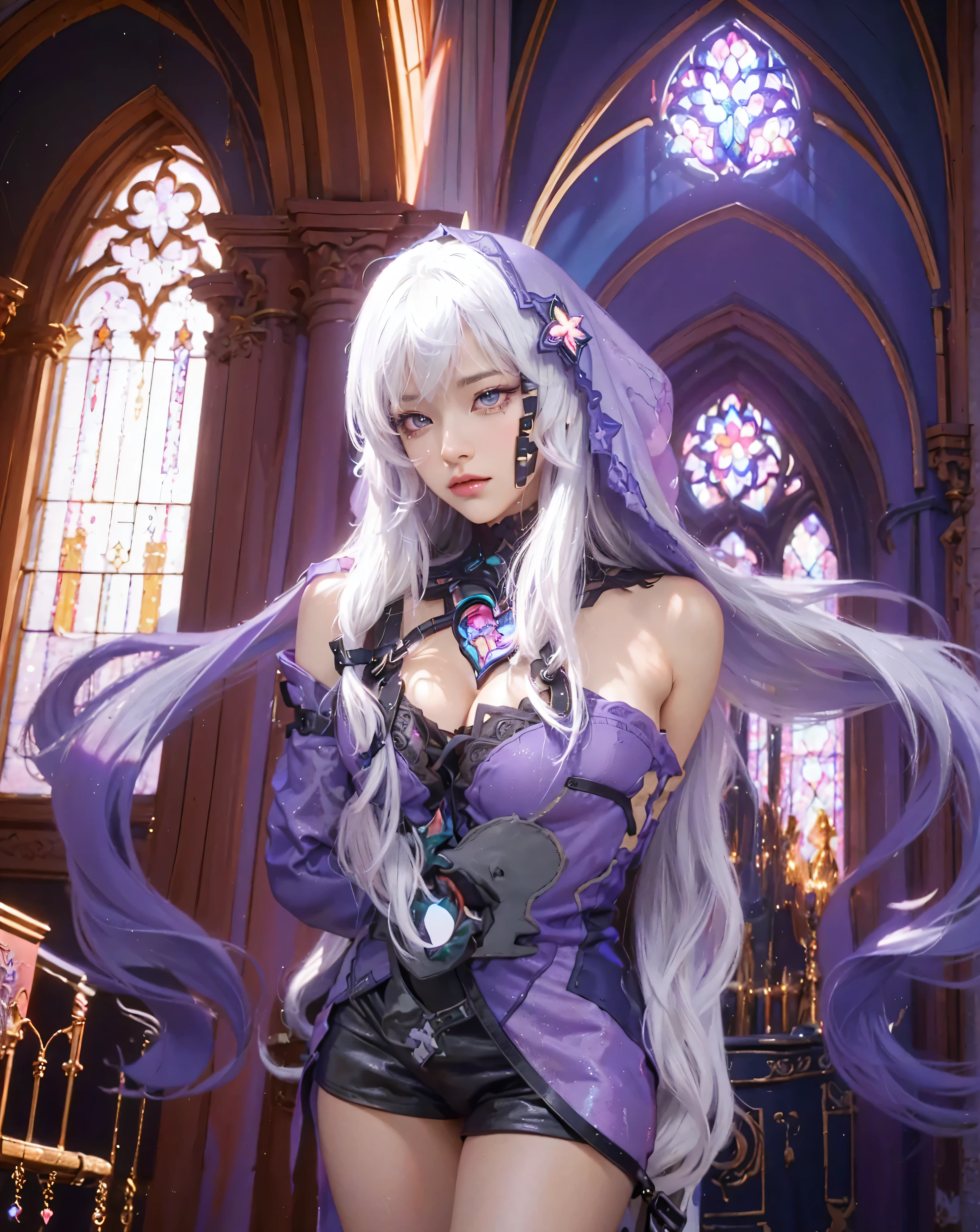 ((BLACK SWAN_HONKAI STARRAIL)),((realistic, photorealistic)),(highlight hair)), Light reflection, (( HD )),((upper body)), (((best quality, masterpiece))), (masterpiece) (best quality) (detail) (8k) (HDR) (wallpaper) (cinematic lighting) (sharp focuasterpiece, best quality: 1.1), Real life adaption of this character, Asian beauty face, Shining green eyes, realistic outfit, realistic shadow, realistic light, realism, hyper realistic, realistic background,(photorealistic:1.2), 1girl,Church window background, glow purple, background blur, hooded,Hooded,white hair, magic room background,Luxurious candles,glow effect, foreground candle, Particles light,Black Gloves,floating hair,