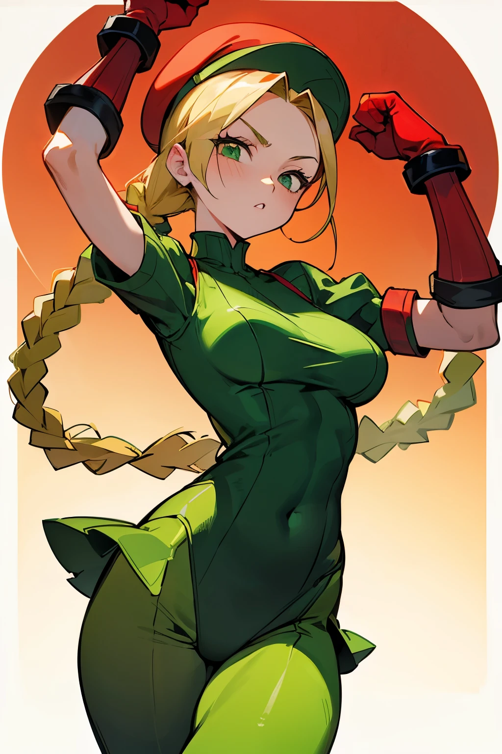 Girl, red hat, blond hair, two long braids, long locks, green eyes, wearing a short-sleeved green tight dress with red and wild gloves, medium-sized round breasts, tight green dress that looks like . "Killer bee" In leotard outfit with red and terry gloves, Cammy White from Street Fighter
