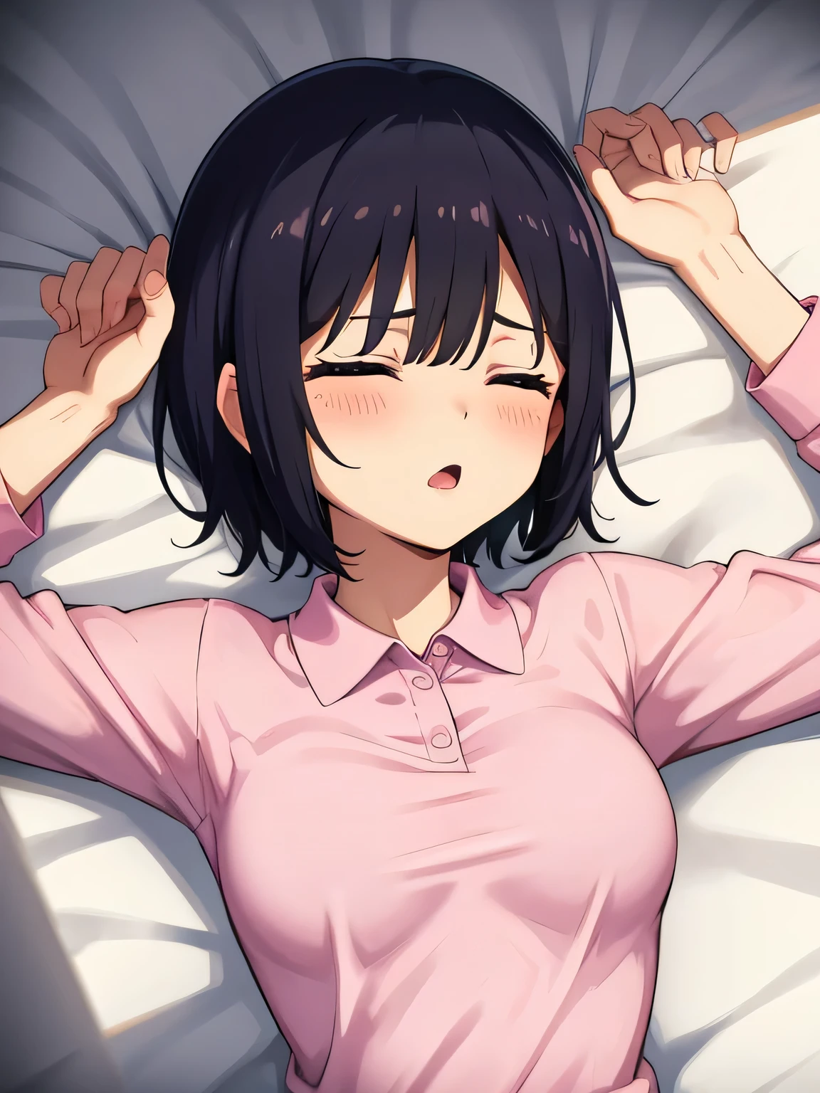 1. Beautiful woman in a pink polo shirt, short hair, Small breasts,Black Hair, Hospital Beautiful Cute High Quality Sleeping in bed Sexy Saliva Feel