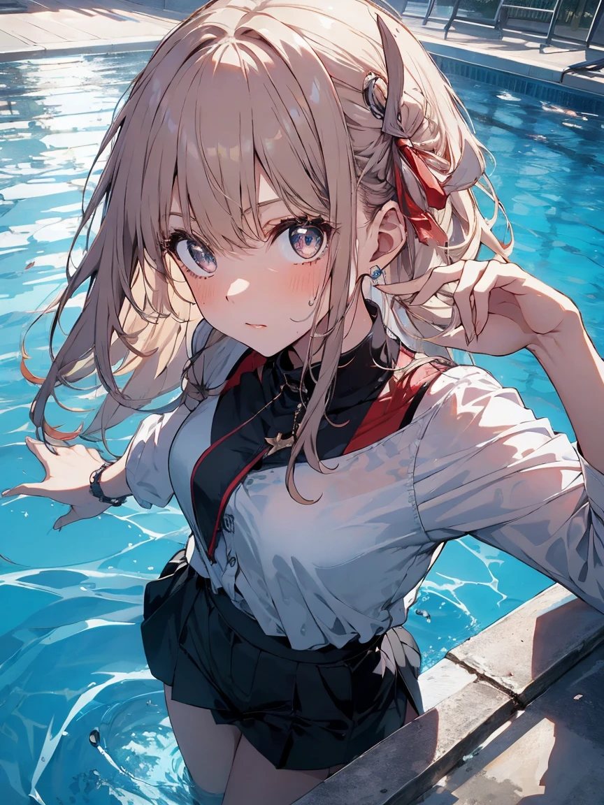 een, girl, jewelry, beautiful eyes, looking at viewer, sweat, mind control, anime, slender, pool, summer, , from above