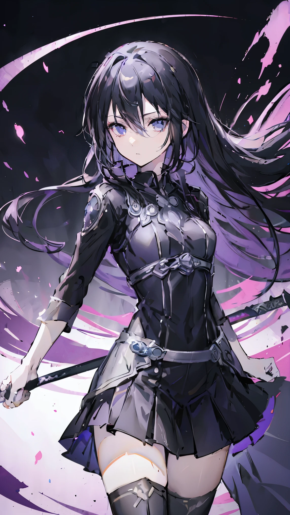 Female Kirito，Purple Eyes，Two Dimensions，anime style，one person（Female Warrior），Correct proportions，Facial details，swordsman，Black skirt，黑色Long hair，neck details，There is an Adam&#39;apple，Set，joke，robe，Clothing details，surrender，Long sleeve，Game quality，sword fight，Ray Tracing，Ray Tracing，Delicate glow，CG Rendering，Hair details，Charming eyes，fair，（Girlish feeling），The costumes are complicated，In the woods，night，Starry Sky，perfect composition，Refinement，high quality，More details，Lots of details，Complex background，Sense of atmosphere，Long hair，Purple Eyes，Black Silk