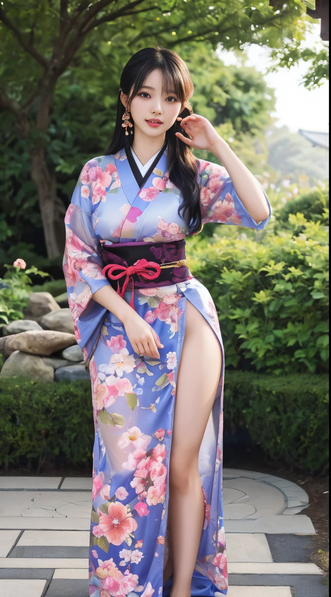 最high quality、high quality、Best image quality、8k、最High resolution、High resolution、最high quality、masterpiece、RAW Photos、whole body写真、Detailed and realistic human body、Detailed and realistic skin、Realistic face in every detail、Detailed and realistic eyes、Detailed and realistic lips、Detailed and realistic teeth、Detailed and realistic ears、Detailed and realistic hair、Realistic reproduction of every detail、細部までリアルなreferenceする、((Perfect and beautiful5referenceする(親referenceする1reference4))、Realistic feet down to the last detail、((Beautiful Japanese Girl))、(Japanese Model)、((18 year old beautiful girl))、(Black Hair)、(Straight hair)、((whole body))、((Slim and perfect figure))、(Beautiful and firm breasts)、(whole body光沢肌、Fair skin)、Soft natural light、China dress、kimono、Ninja costume、Japanese tradition、Japanese garden、((Colorful see-through(Floral Ninja Costume))、((Everyday poses in the garden(Make your thighs look beautiful))