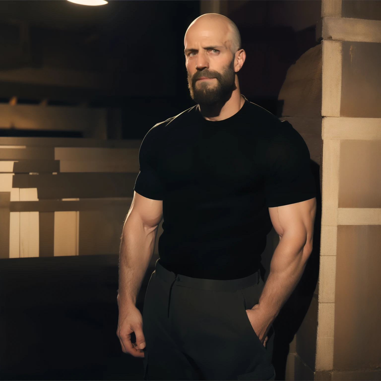 tall bald handsome man with beard, daddy, dark tattoos, lean fit body, soccer shirt, 30yo, dynamic lighting, lean body, loose cargo plants pants, character sheet, full body shot