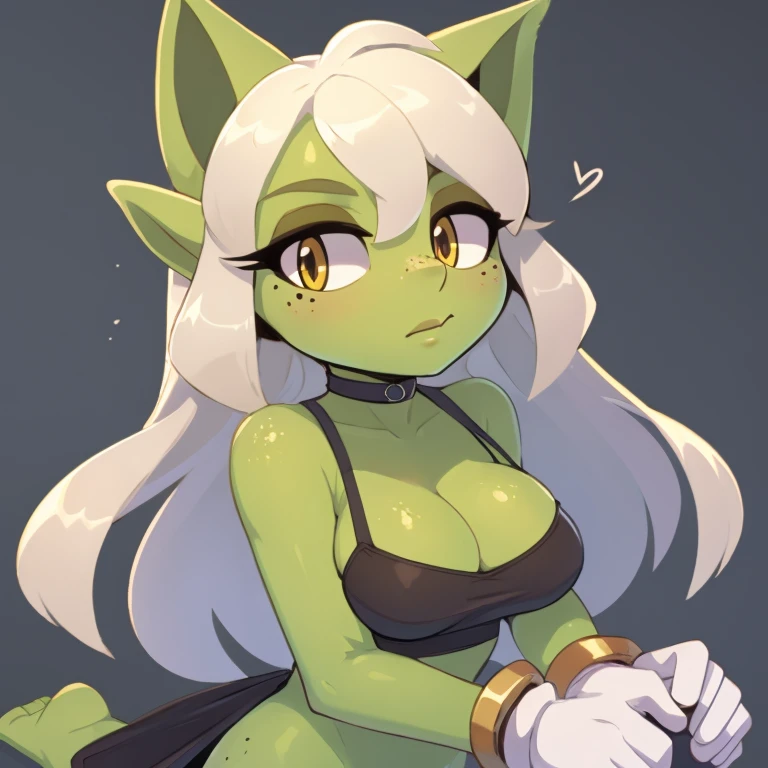 (score_9, score_8_up), sonic \(series\), goblin girl, short stack, green skin, white hair, wavy hair, long hair, medium breasts, freckles, yellow eyes, yor forger,