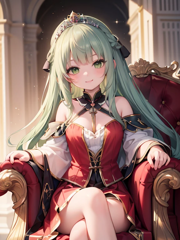 (8k, highest quality, Tabletop:1.2), Ultra-high resolution, One ****************, Detailed face, Fearless smile, Green Eyes, Silver Hair, Tiara on head, Crimson Dress, Long skirt, royal palace, sit cross-legged on the throne