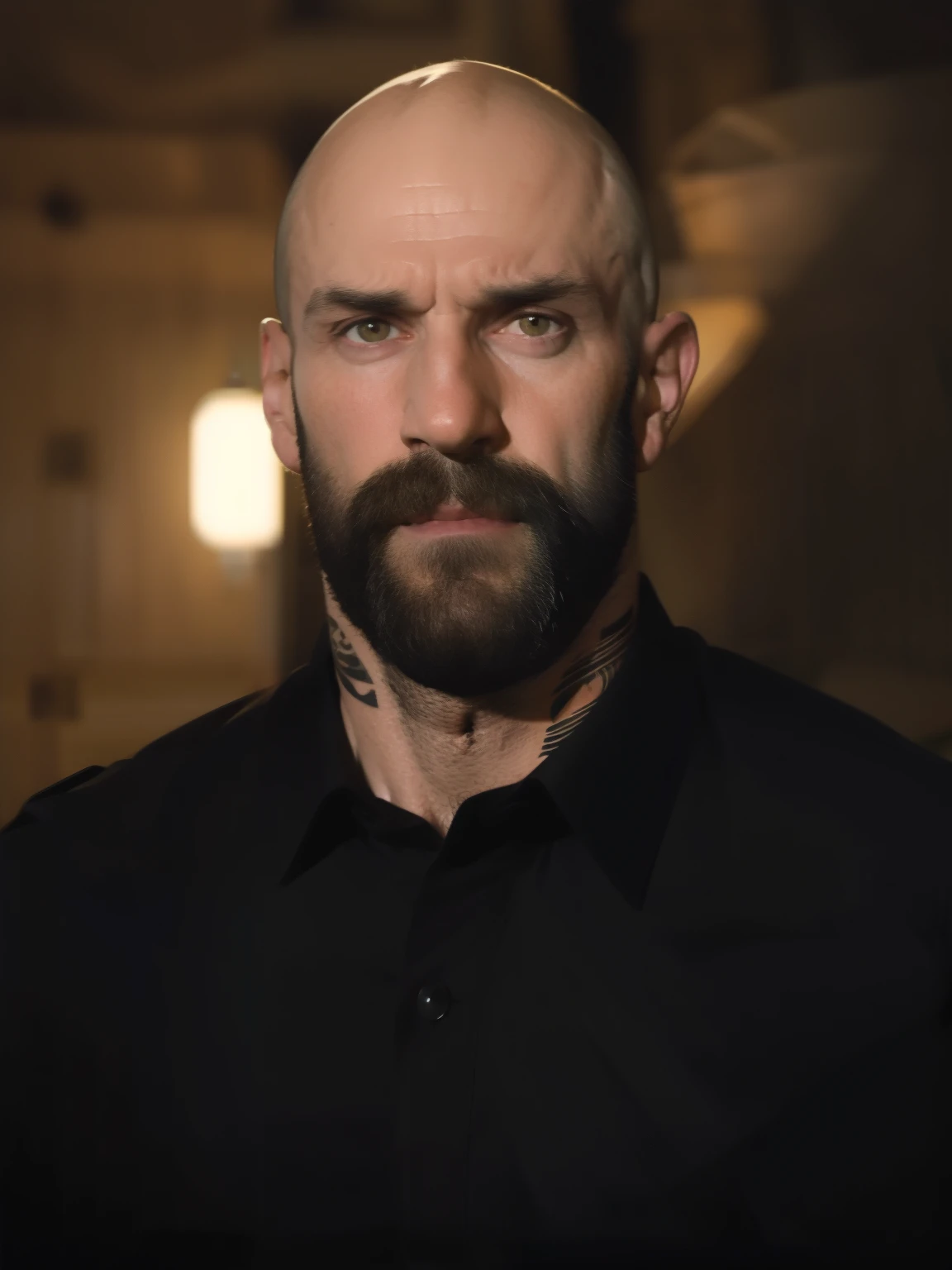 tall bald handsome man with beard, daddy, tattoos, lean fit body, black shirt, 30yo, dynamic lighting, lean body, black button up shirt, black belt, silver emblem on shirt, character sheet, half body shot, brown amber eyes, detective emblem