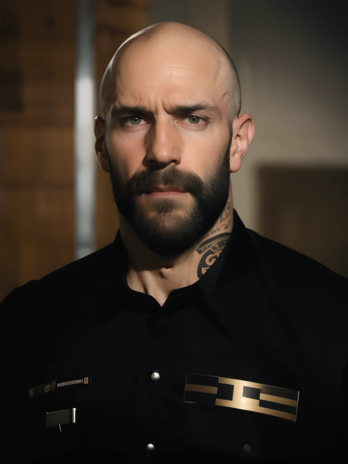 tall bald handsome man with beard, daddy, tattoos, lean fit body, black shirt, 30yo, dynamic lighting, lean body, black button up shirt, black belt, silver emblem on shirt, character sheet, half body shot, brown amber eyes, detective emblem