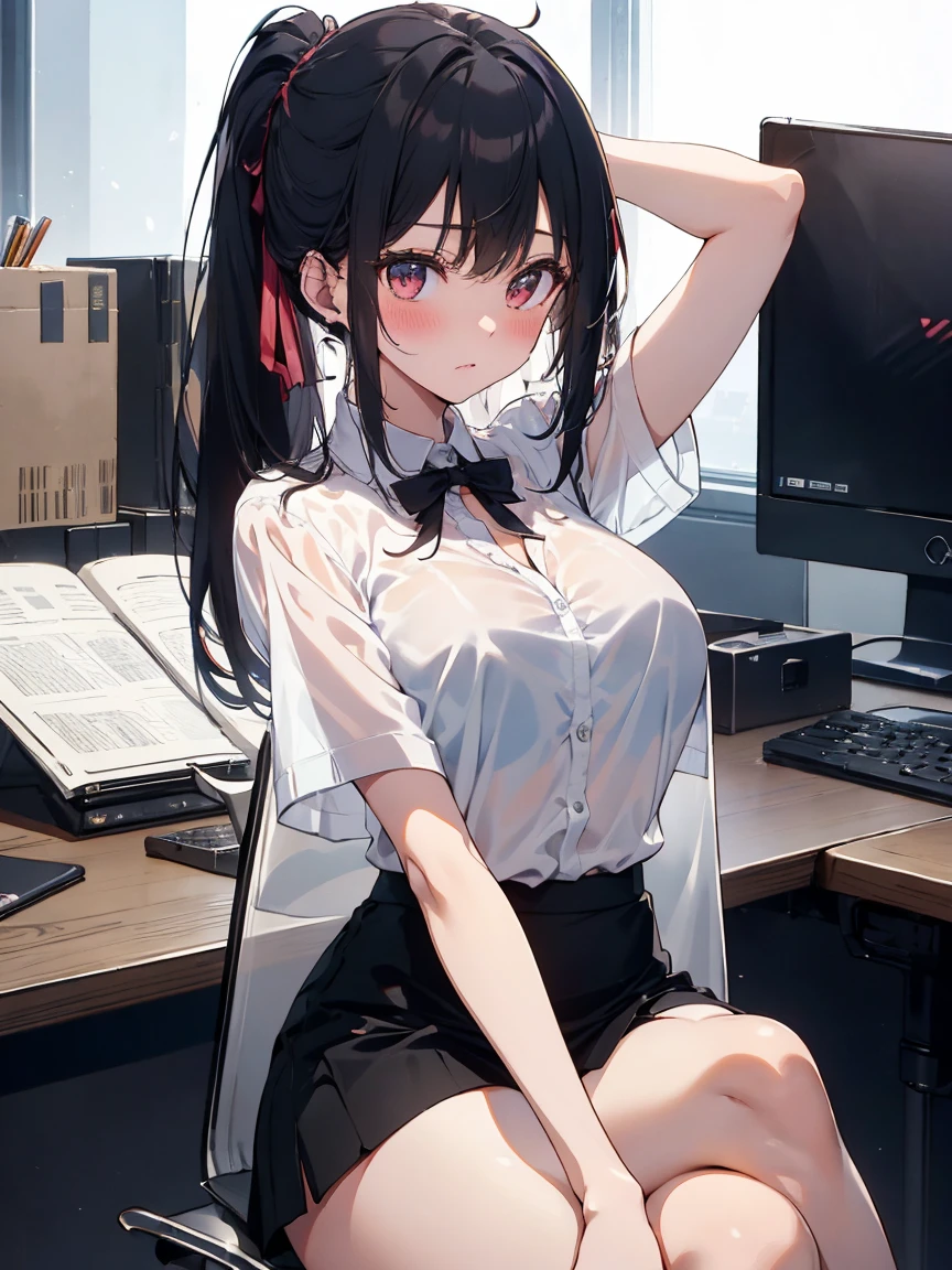  very sexy busty office girl in black mini skirt and unbutonned white shirt sit on boss office, (((masterpiece))), (((best quality))), ((ultra-detailed)), 1girl, large breast, cleavage, panties, cameltoe, (((blush))), extremly embarassed))), (((sitted on office))), (((office))), (((crossed legs))), (((arm behind head))), (((tight black mini skirt))), (((unbutonned transparent white shirt))), black hair, high ponytail, very long hair, office, indoor, more_details:0.5, more prism, vibrant color