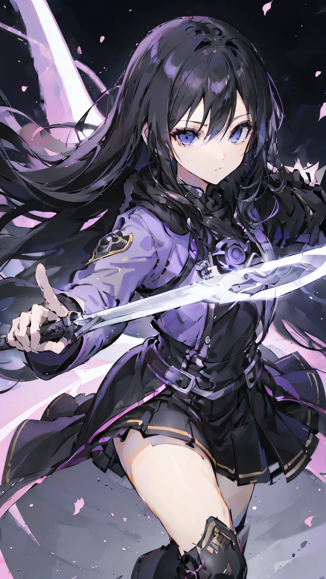 Female Kirito,Purple Eyes,Two Dimensions,anime style,one person(Female Warrior),Correct proportions,Facial details,swordsman,Black skirt,黑色Long hair,neck details,There is an Adam'apple,Set,joke,robe,Clothing details,surrender,Long sleeve,Game quality,sword fight,Ray Tracing,Ray Tracing,Delicate glow,CG Rendering,Hair details,Charming eyes,fair,(Girlish feeling),The costumes are complicated,In the woods,night,Starry Sky,perfect composition,Refinement,high quality,More details,Lots of details,Complex background,Sense of atmosphere,Long hair,Purple Eyes,Black Silk,Use your hands to hold your chest