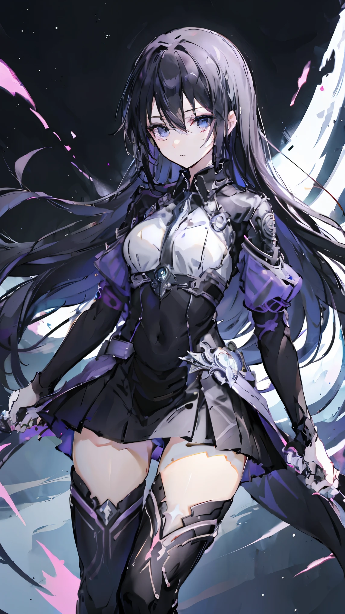 Female Kirito，Purple Eyes，Two Dimensions，anime style，one person（Female Warrior），Correct proportions，Facial details，swordsman，Black skirt，黑色Long hair，neck details，There is an Adam&#39;apple，Set，joke，robe，Clothing details，surrender，Long sleeve，Game quality，sword fight，Ray Tracing，Ray Tracing，Delicate glow，CG Rendering，Hair details，Charming eyes，fair，（Girlish feeling），The costumes are complicated，In the woods，night，Starry Sky，perfect composition，Refinement，high quality，More details，Lots of details，Complex background，Sense of atmosphere，Long hair，Purple Eyes，Black Silk，Use your hands to hold your chest