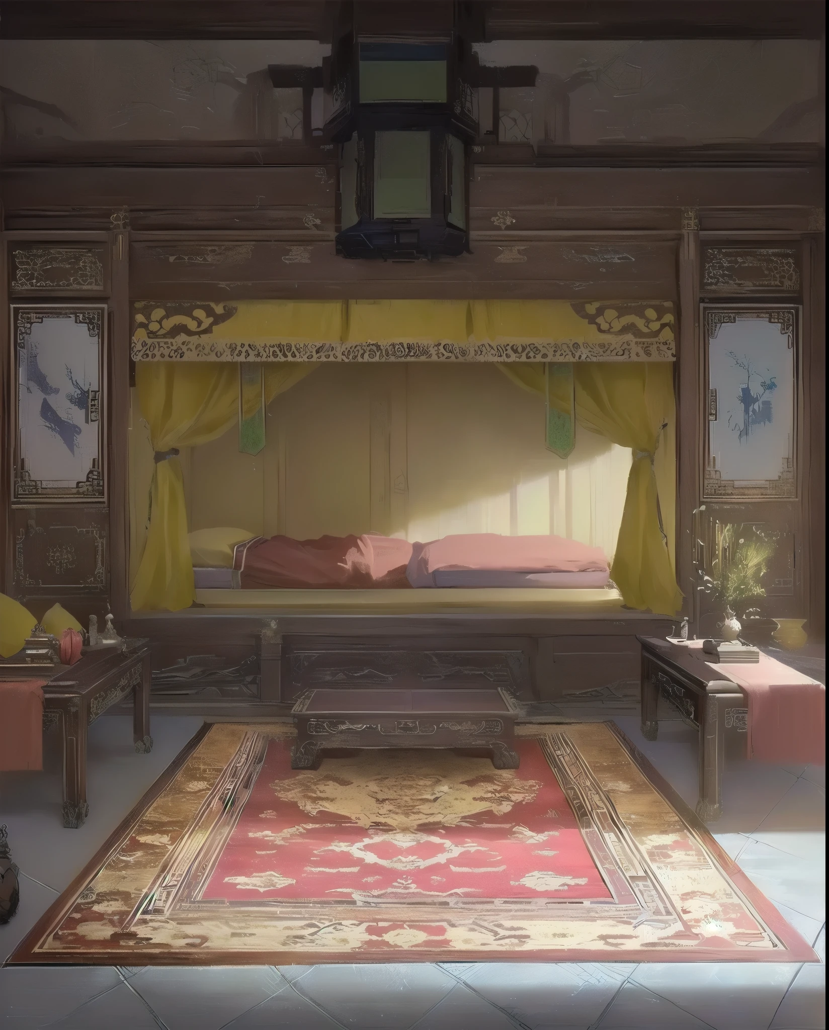 There was a room，There is a bed and a table inside, Relaxation concept art, Beautiful rendering of the Tang Dynasty, interior background technology, Personal room background, background technology, anime background technology, Studio Ghibli bedroom, Anime landscape concept art, Cora Legend setting, Madhouse Studios Anime Style, RPG Maker style bedroom, 8k high quality detailed art