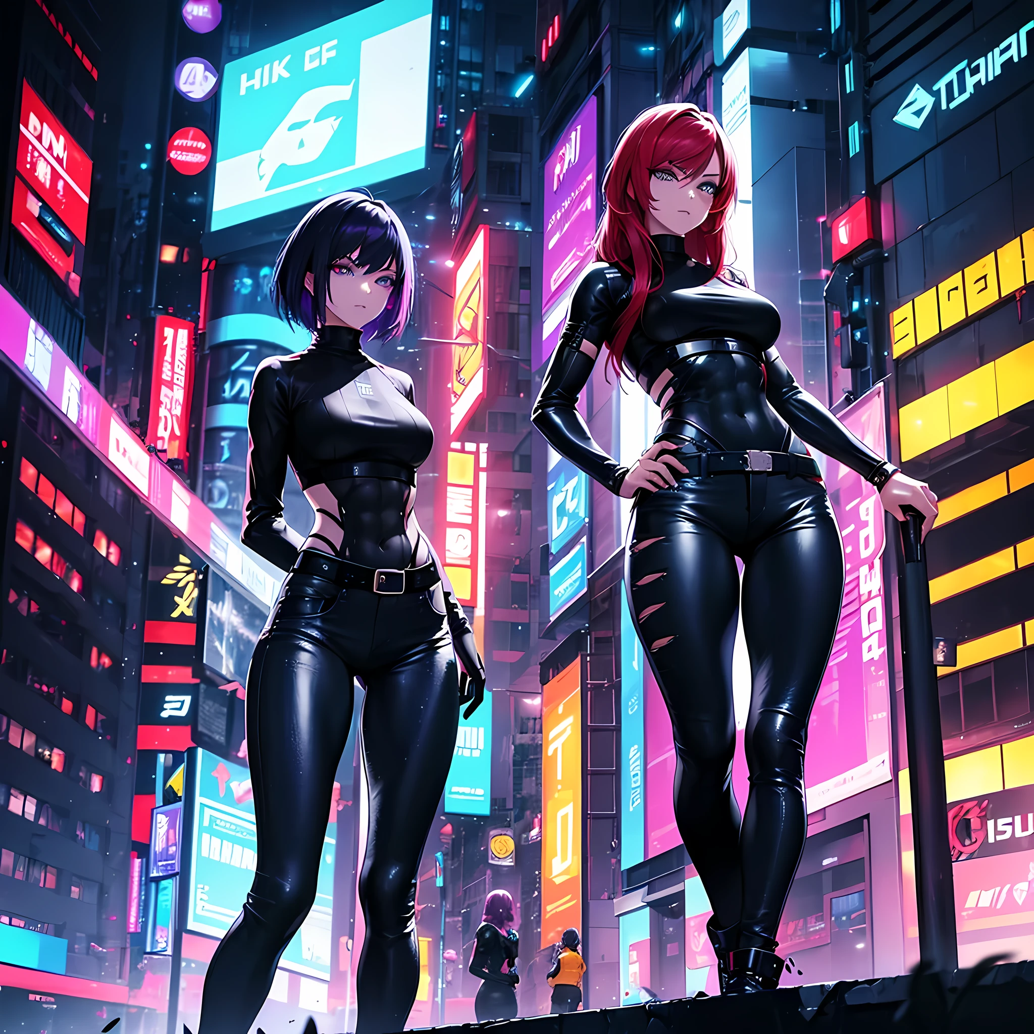 (Two woman) Futuristic, cyberpunk, neon lights, Mature, long hair, redhead woman with green eyes, sexy, defined abs, tight black sweater, tight jeans. Another woman, short purple hair, gray eyes, tan skin, tight clothing