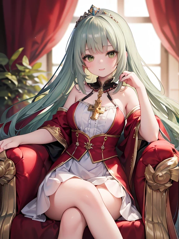 (8k, highest quality, Tabletop:1.2), Ultra-high resolution, One ****************, Detailed face, Fearless smile, Green Eyes, Silver Hair, Tiara on head, Crimson Dress, Long skirt, royal palace, sit cross-legged on the throne